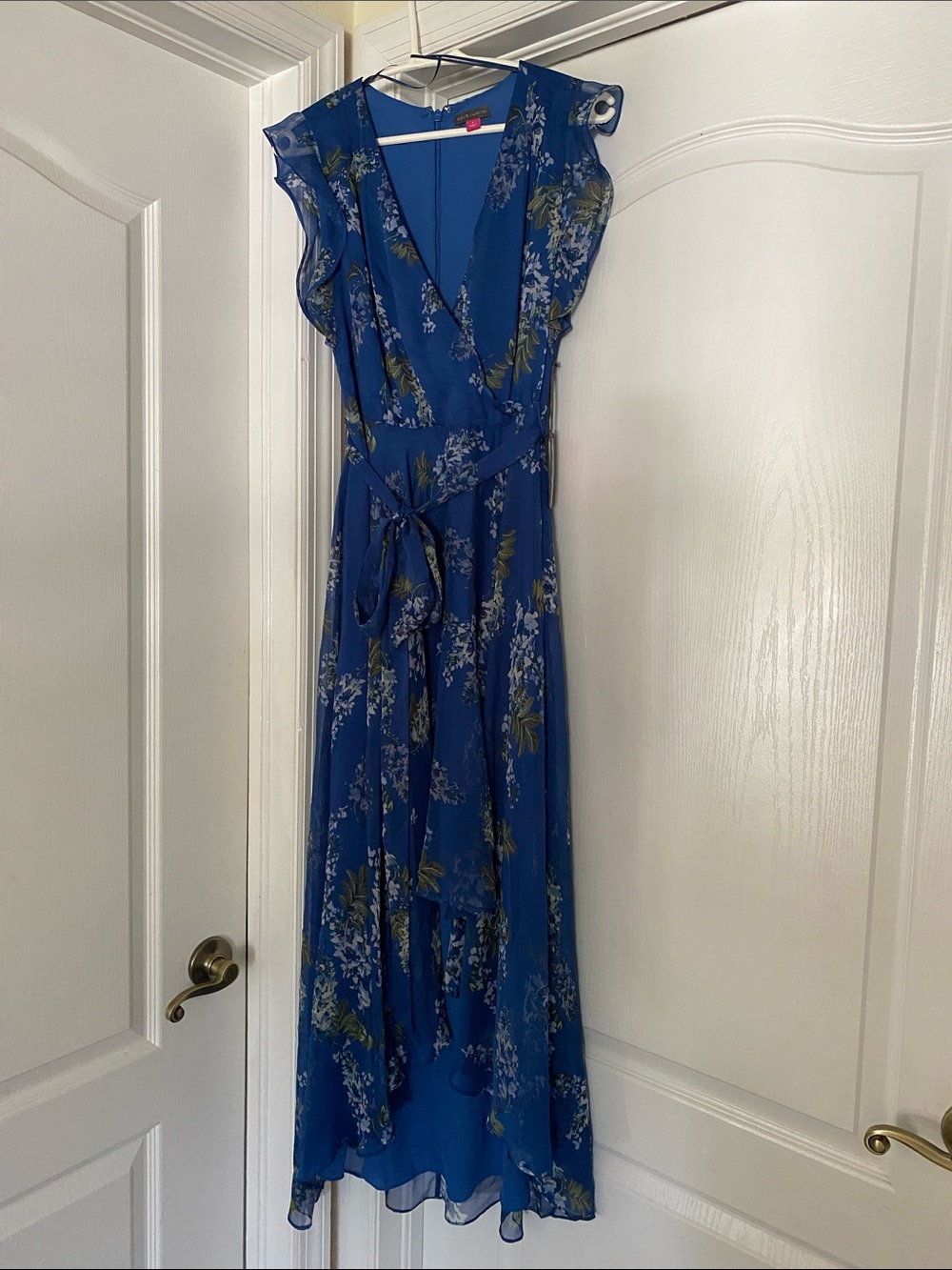 Blue Floral Dress with Ruffle Sleeves and high low hem
